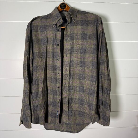 Bruli Long Sleeve Button Up Plaid Shirt Olive Green Purple Dk. Gray Sz Medium - Picture 1 of 9